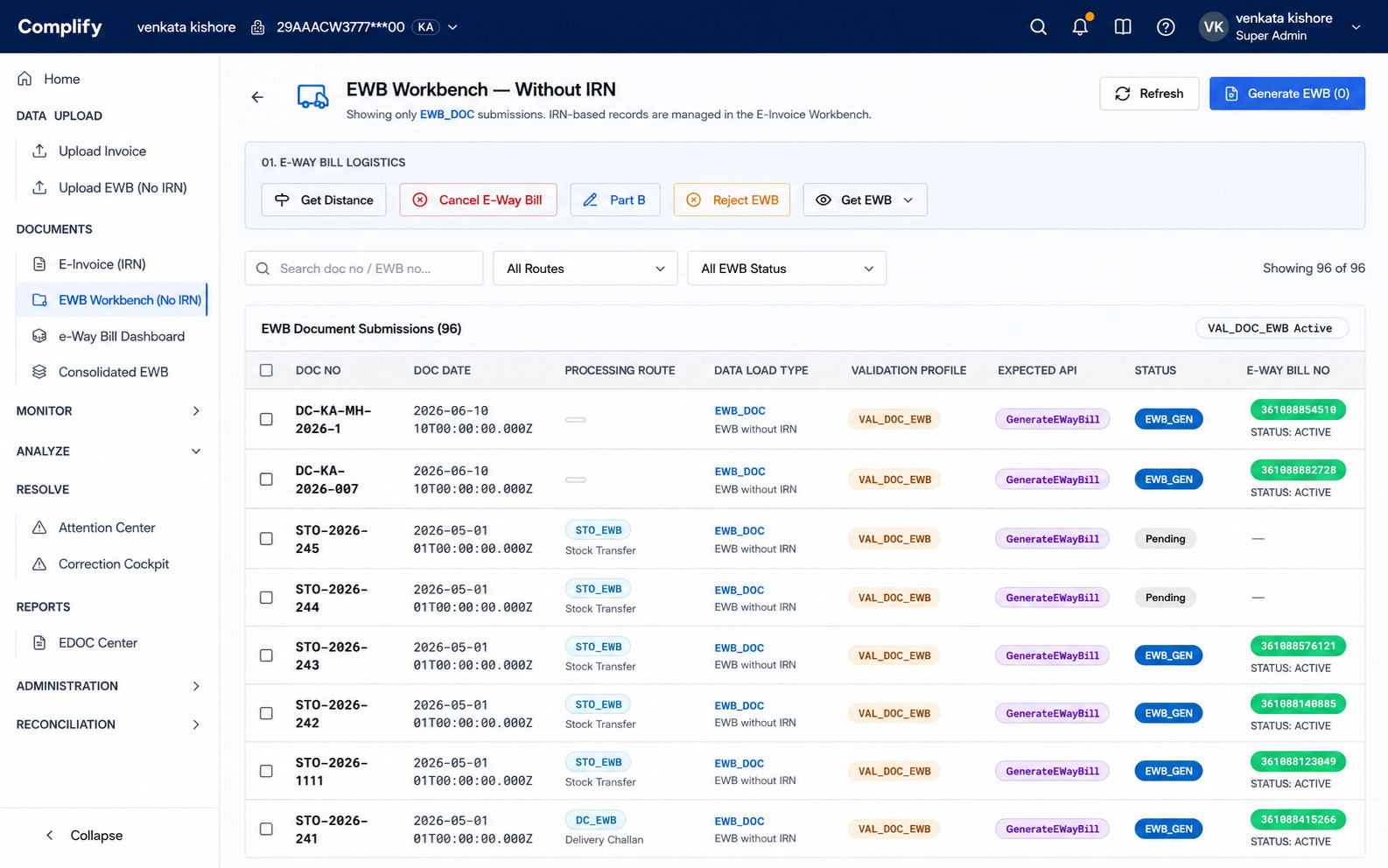 EWB Workbench — E-Way Bill Lifecycle Management in Complifly